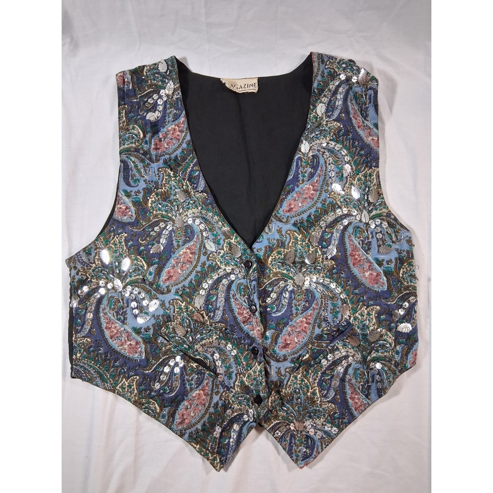 Vintage Magazine Paisley Sequin Vest Blue Pink Silver Beaded Waistcoat